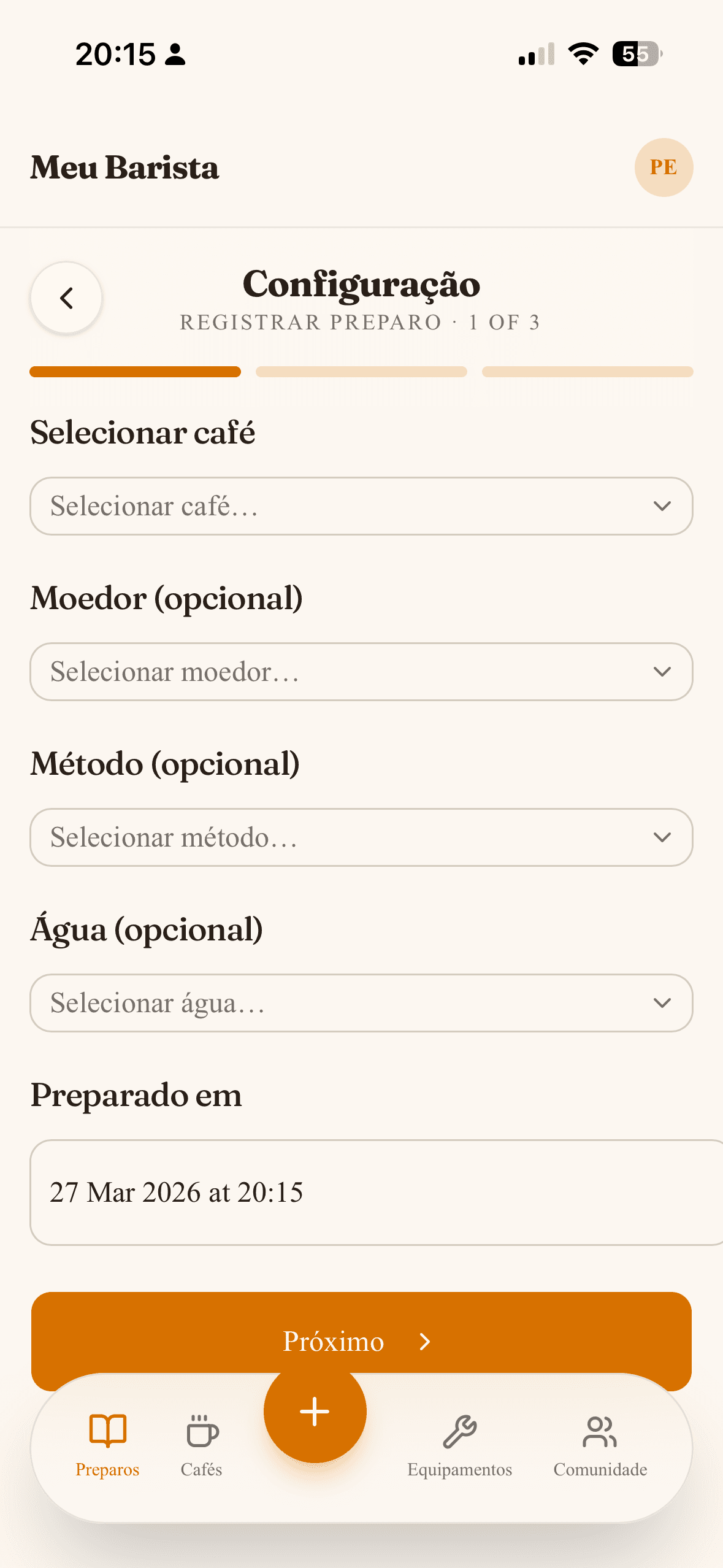 Screenshot: Tela de novo brew / registro de extração