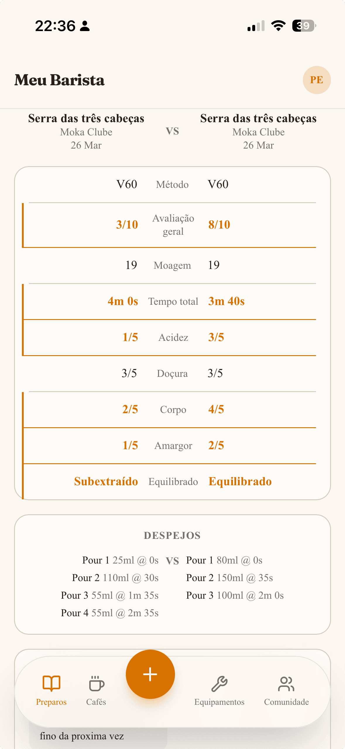 Screenshot: Histórico / lista de brews