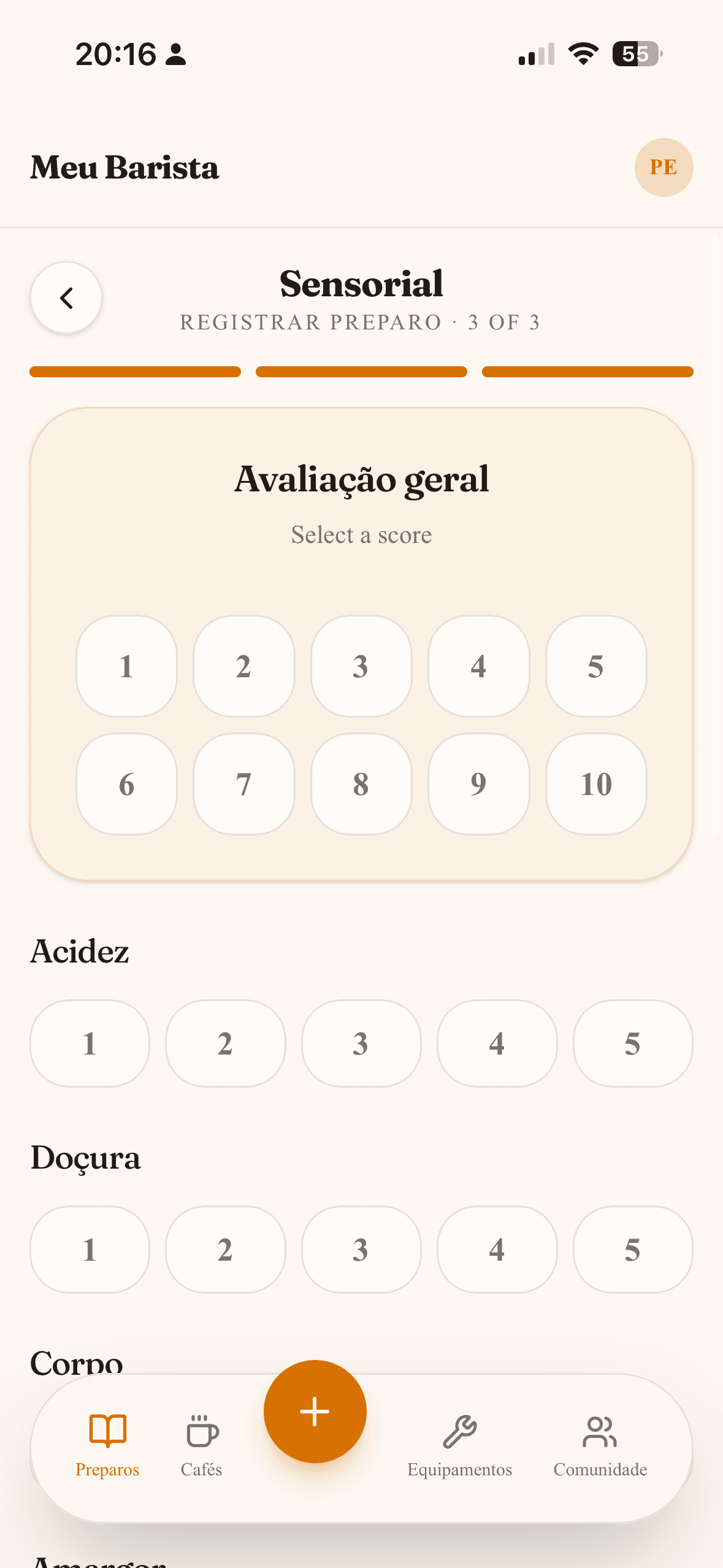 Screenshot: Tela de avaliação sensorial